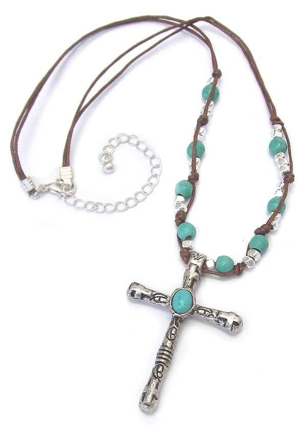 TURQUOISE CENTER CROSS PENDANT AND CORD CHAIN NECKLACE