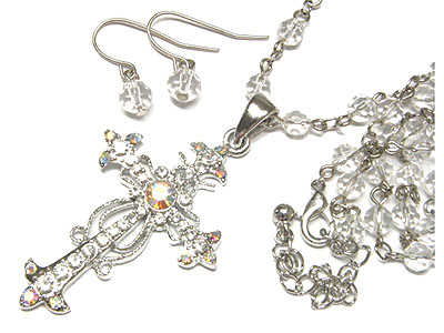 CRYSTAL CROSS AND BEADS CHAIN NECKLACE AND EARRING SET