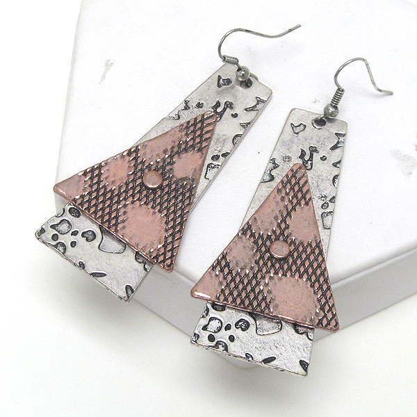 HAND MADE METAL ART RECTANGLE AND TRIANGLE DROP EARRING