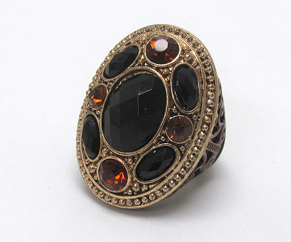 CRYSTAL AND FACET ACRYL STONE FILIGREE METAL STRETCH RING