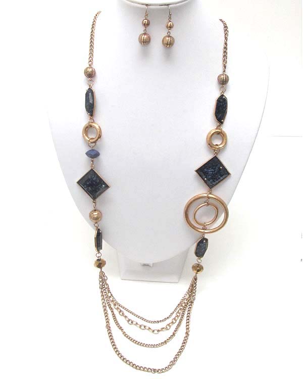 FACET ACRYLIC STONE WITH ROUND RINGS AND METAL BALLS DROP MULTI CHAN LONG NECKLACE EARRING SET