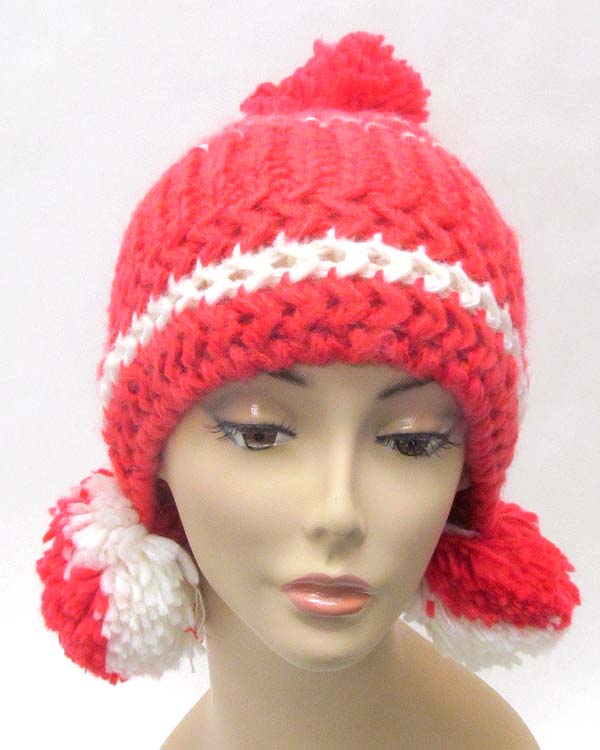 3 FLUFFY BALL ACCENT KNIT WINTER HAT