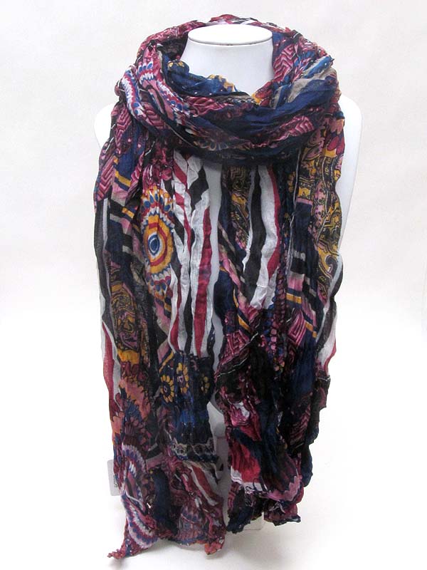 MULTI COLOR AND STRIPE PATTERN PRINT WRINKLED SCARF