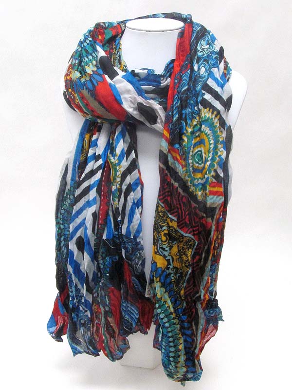 MULTI COLOR AND STRIPE PATTERN PRINT WRINKLED SCARF