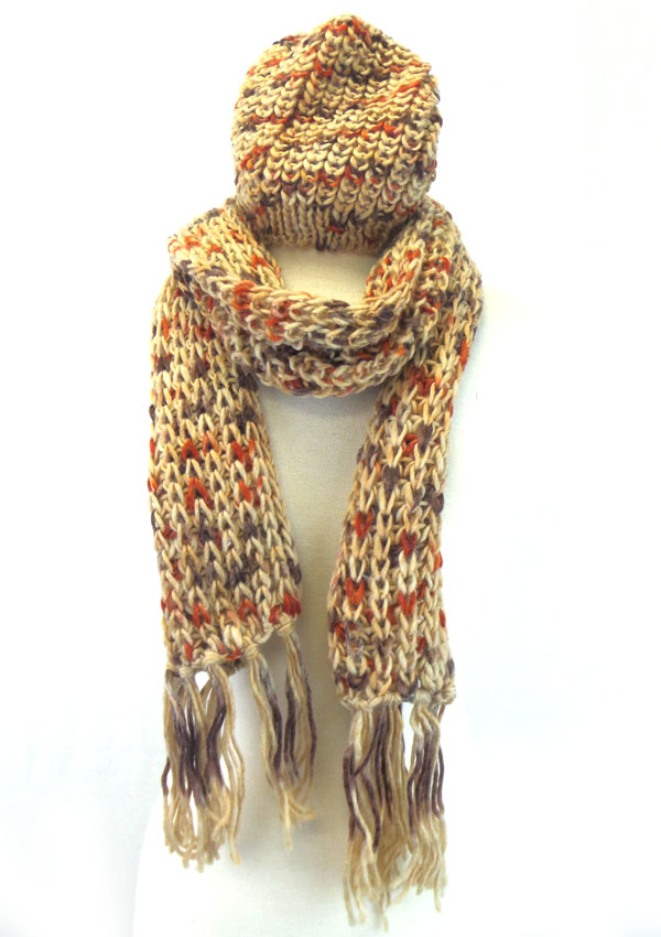 MULTI PATTERN KNIT TYPE SCARF AND BEANIE SET