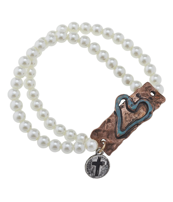 HANDMADE HEART PLATE AND DOUBLE PEARL STRETCH CHAIN BRACELET