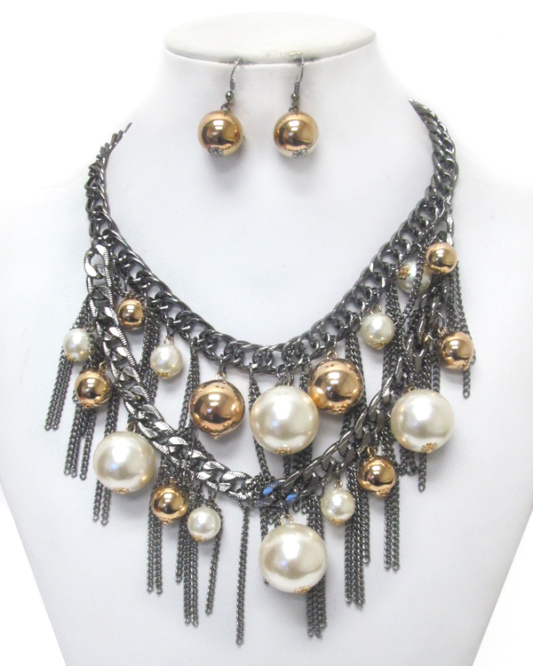 MULTI PEARL AND CHAIN TASSEL DOUBLE LAYER NECKLACE SET