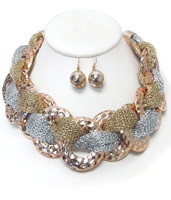 HAMMERED METAL CHAIN AND NET MESH BRAID NECKLACE SET