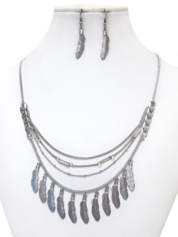 BOHEMIAN STYLE MULTI FEATHER AND LAYERED CHAIN NECKLACE SET