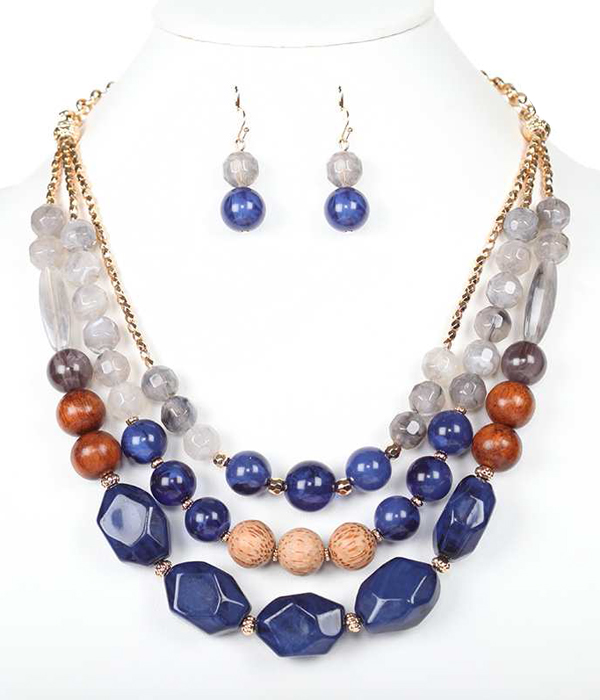 MULTI FACET RESIN STONE AND WOOD BALL BEAD MIX 3 LAYER NECKLACE SET