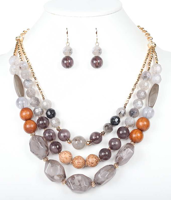 MULTI FACET RESIN STONE AND WOOD BALL BEAD MIX 3 LAYER NECKLACE SET