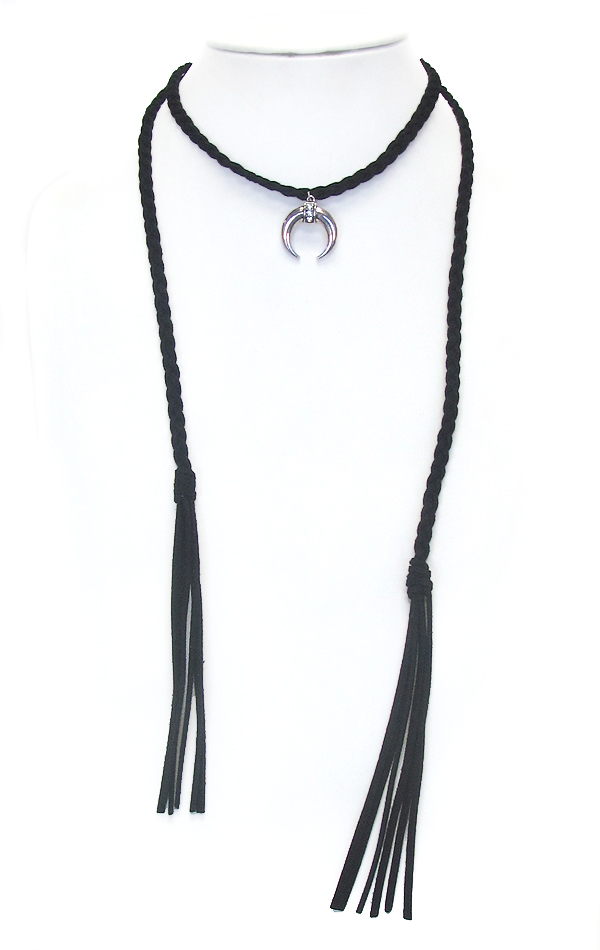 SQUASH BLOSSOM WOVEN LEATHERETTE AND LONG TASSEL DROP CHOKER NECKLACE