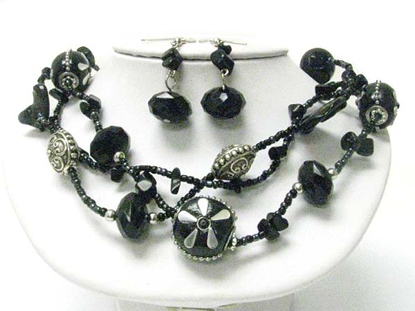 MIXED BEADS AND STONE BRAIDED NECKLACE EARRING SET
