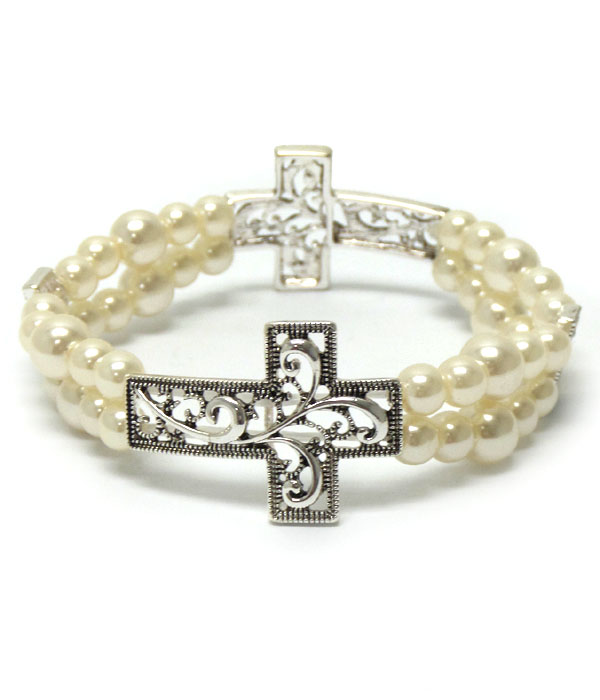 TWO LAYER PEARL WITH CROSS BRACELET