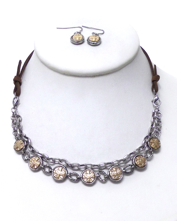 TWO LAYER METAL STONE LINKED NECKLACE SET 