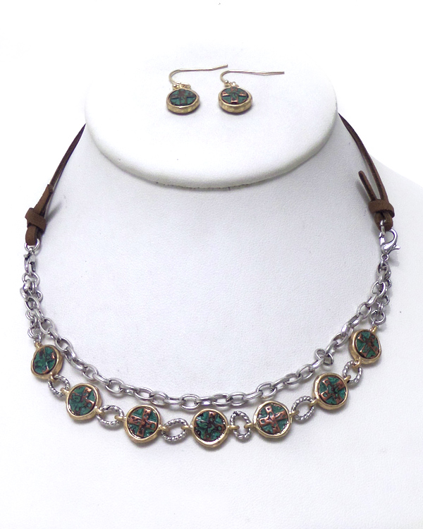 TWO LAYER METAL STONE LINKED NECKLACE SET