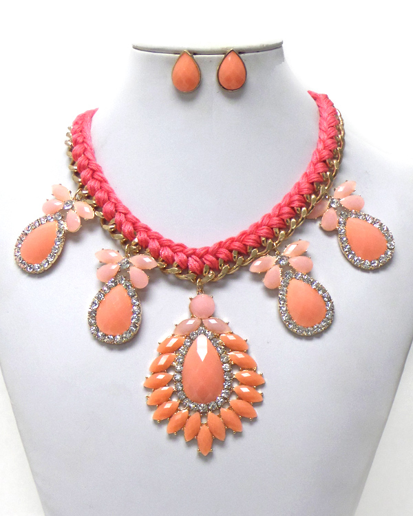BRAIDED YARN AND CHAIN STONES NECKLACE SET