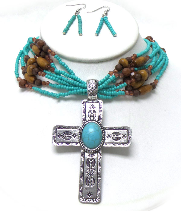 SEED BEADS LAYER WITH TURQUOISE STONE CROSS NECKLACE SET 