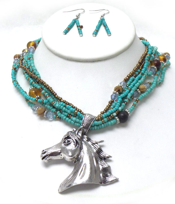 SEED BEADS WITH HORSE NECKLACE SET 
