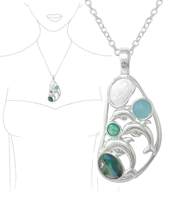 SEALIFE THEME ABALONE OPAL AND SEAGLASS MIX NECKLACE - DOLPHIN