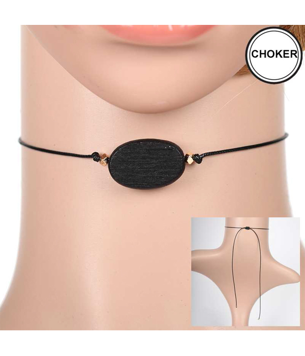 OVAL WOOD WAX CORD PULL TIE CHOKER NECKLACE