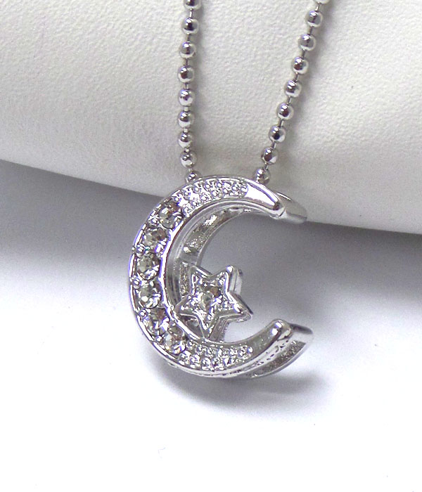 MADE IN KOREA WHITEGOLD PLATING HALF MOON WITH CRYSTALS OWL NECKLACE