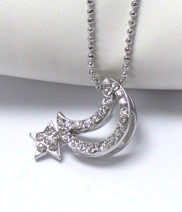 MADE IN KOREA WHITEGOLD PLATING MOON WITH CRYTALS AND STAR NECKLACE
