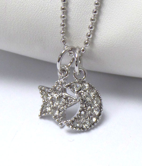 MADE IN KOREA WHITEGOLD PLATING MOON WITH CRYTALS AND STAR DUAL PENDANT NECKLACE