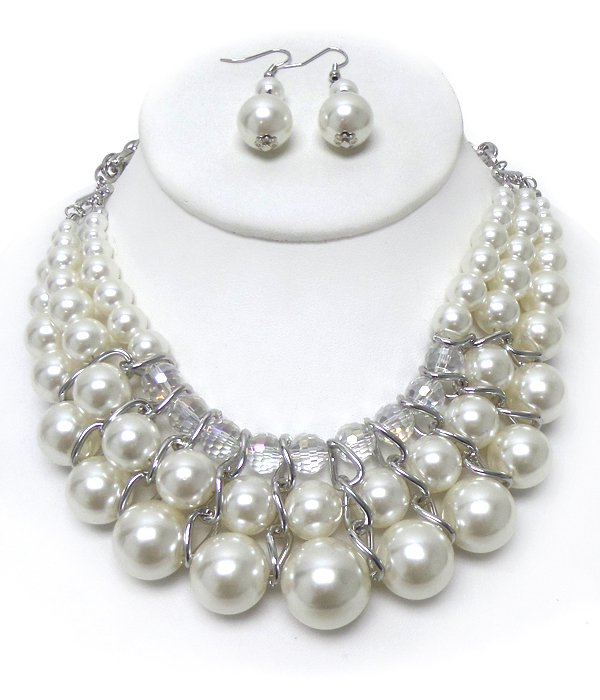 THREE LAYER PEARL LINKED NECKLACE SET 