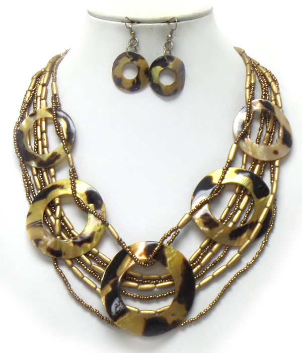 LAYERS OF BEADS WITH SHELL DISKS NECKLACE SET