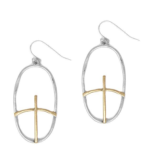 CURVED CROSS AND OVAL EARRING