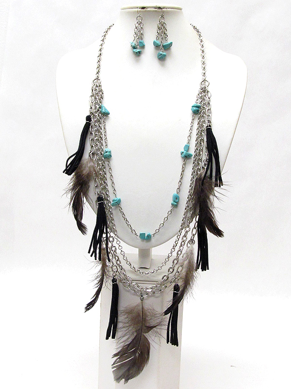 CHIP STONE FEATHER AND SUEDE DROP LONG CHAIN NECKLACE EARRING SET