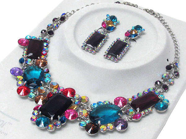LUXURIOUS AUSTRIAN CRYSTAL LINE - LARGE GLASS AND CRYSTAL DECO PARTY NECKLACE EARRING SET