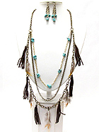 CHIP STONE FEATHER AND SUEDE DROP LONG CHAIN NECKLACE EARRING SET