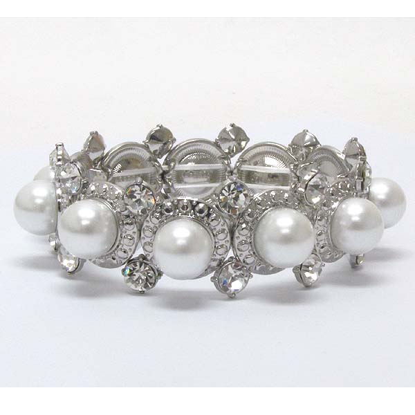 CRYSTAL AND PEARL DECO DISK STERTCH BRACELET