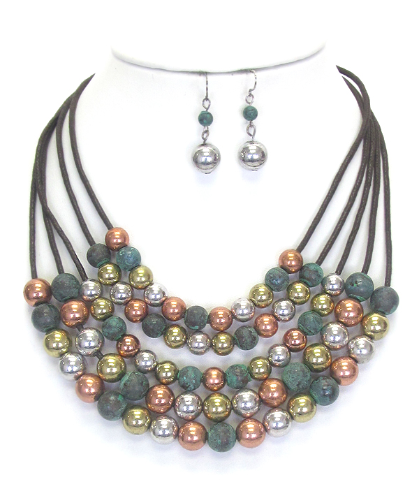 MULTI METAL BALL AND LAYER CORD NECKLACE SET