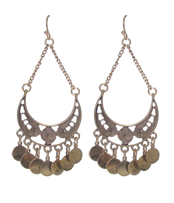 VINTAGE STYLE METAL FILIGREE AND DISK DANGLE EARRING