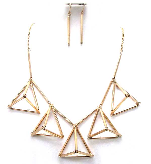 MULTI CONNETED METAL TUBS PYRAMID MOTIF DROP NECKLACE EARRING SET