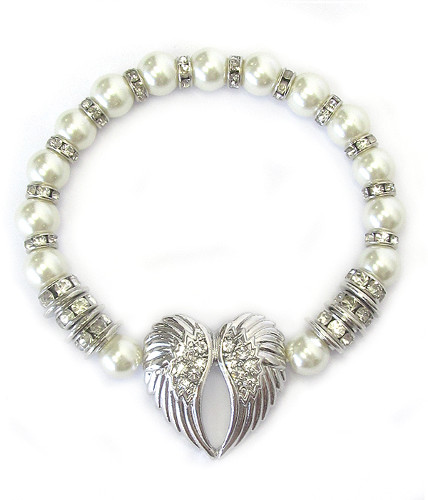 ANGEL WING AND CRYSTAL RONDELLE AND PEARL STRETCH BRACELET