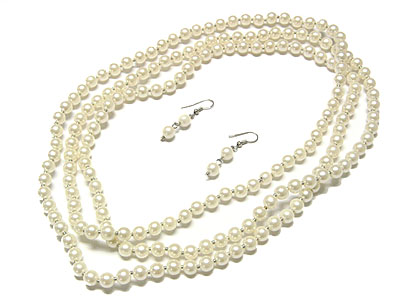 PEARL BEADS 60 INCH LONG NECKLACE AND EARRING SET