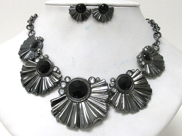 FACET STONE METAL SHELL ART DECO NECKLACE EARRING SET