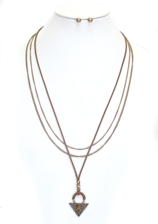 SUEDE AND FINE METAL CHAIN MIX 3 LAYER BOHEMIAN NECKLACE SET