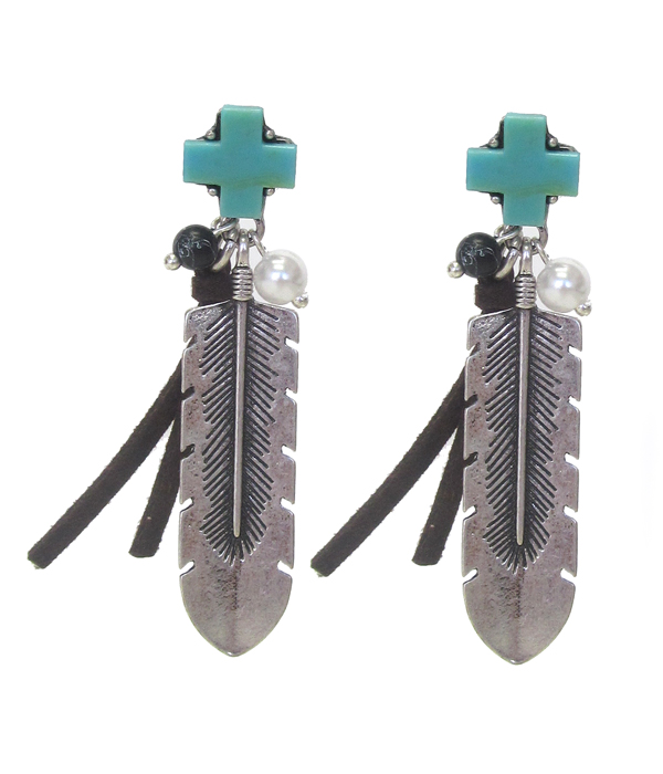 CROSS AND METAL FEATHER DROP EARRING