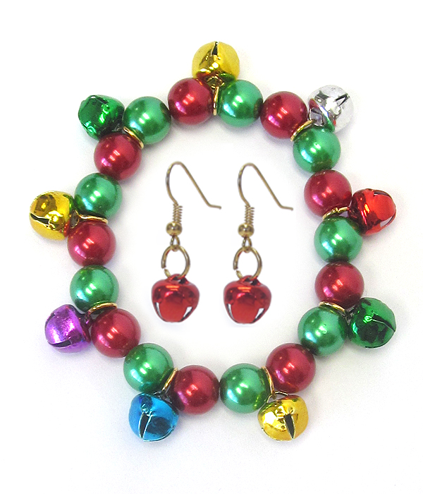 CHRISTMAS THEME BELL DANGLE STRETCH BRACELET AND EARRING SET