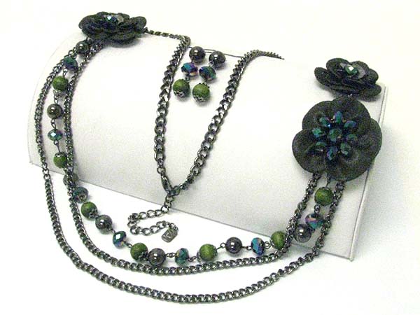 FABRIC FLOWER AND MIXED BEADS LONG NECKLACE EARRING SET