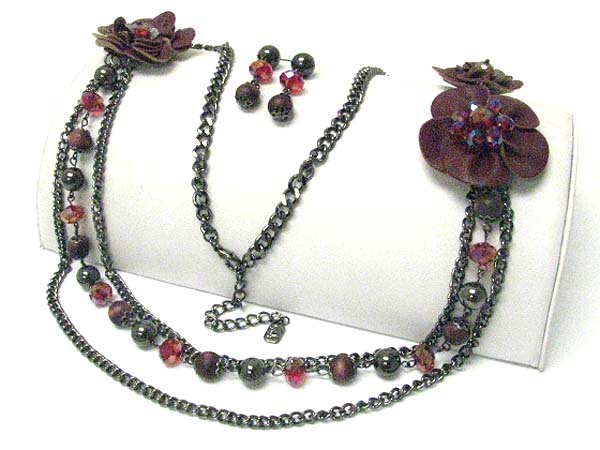 FABRIC FLOWER AND MIXED BEADS LONG NECKLACE EARRING SET