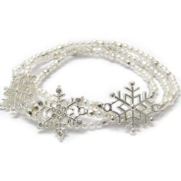 CRYSTAL DECO SNOWFLAKE AND PEARL BEADS CHRISTMAS STRETCH BRACELET SET OF 3