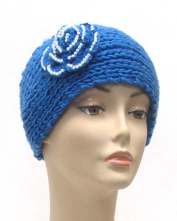 FLOWER KNIT HEAD WARMER BAND - BUTTON CLASP BACK