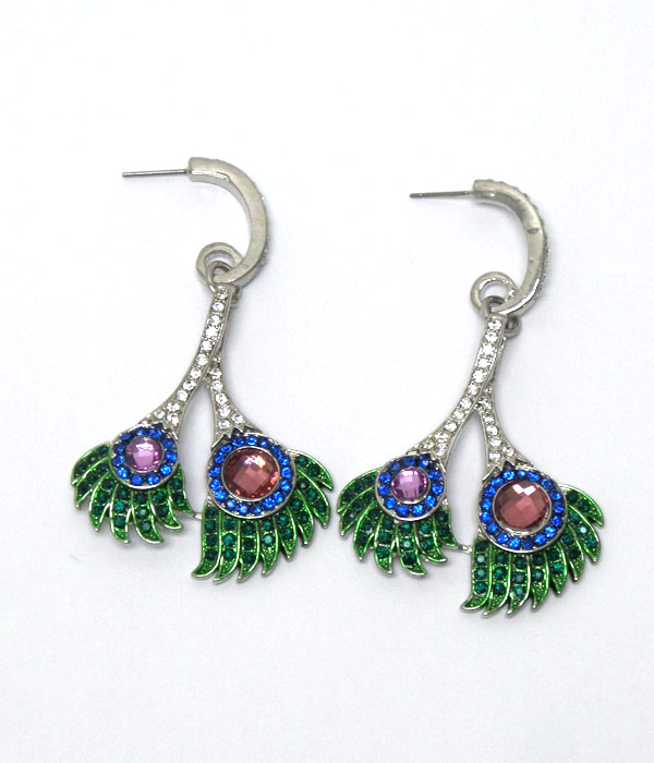 PEACOCK FEATHERS WITH CRYSTALS DROP EARRINGS