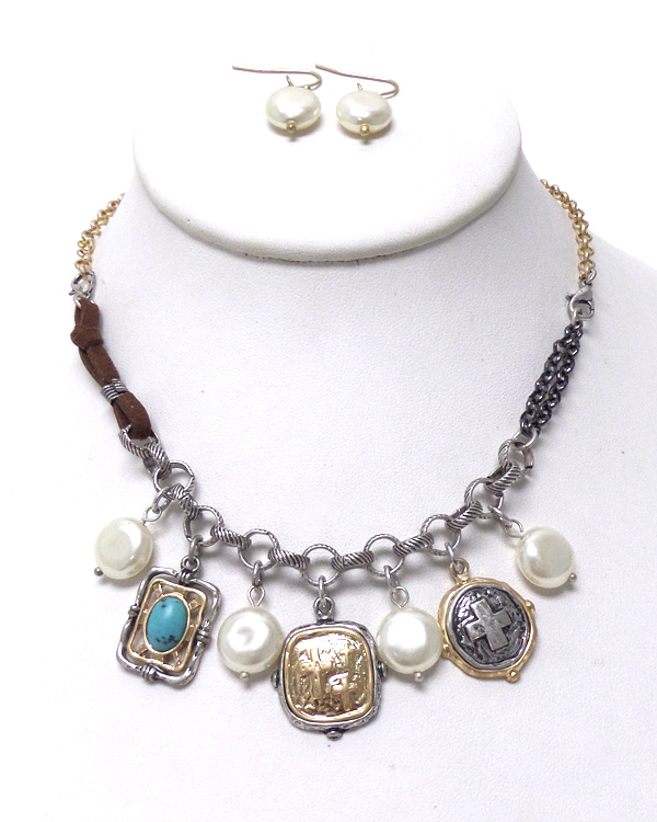 BURNISH SILVER  CHARM PEARL NECKLACE SET